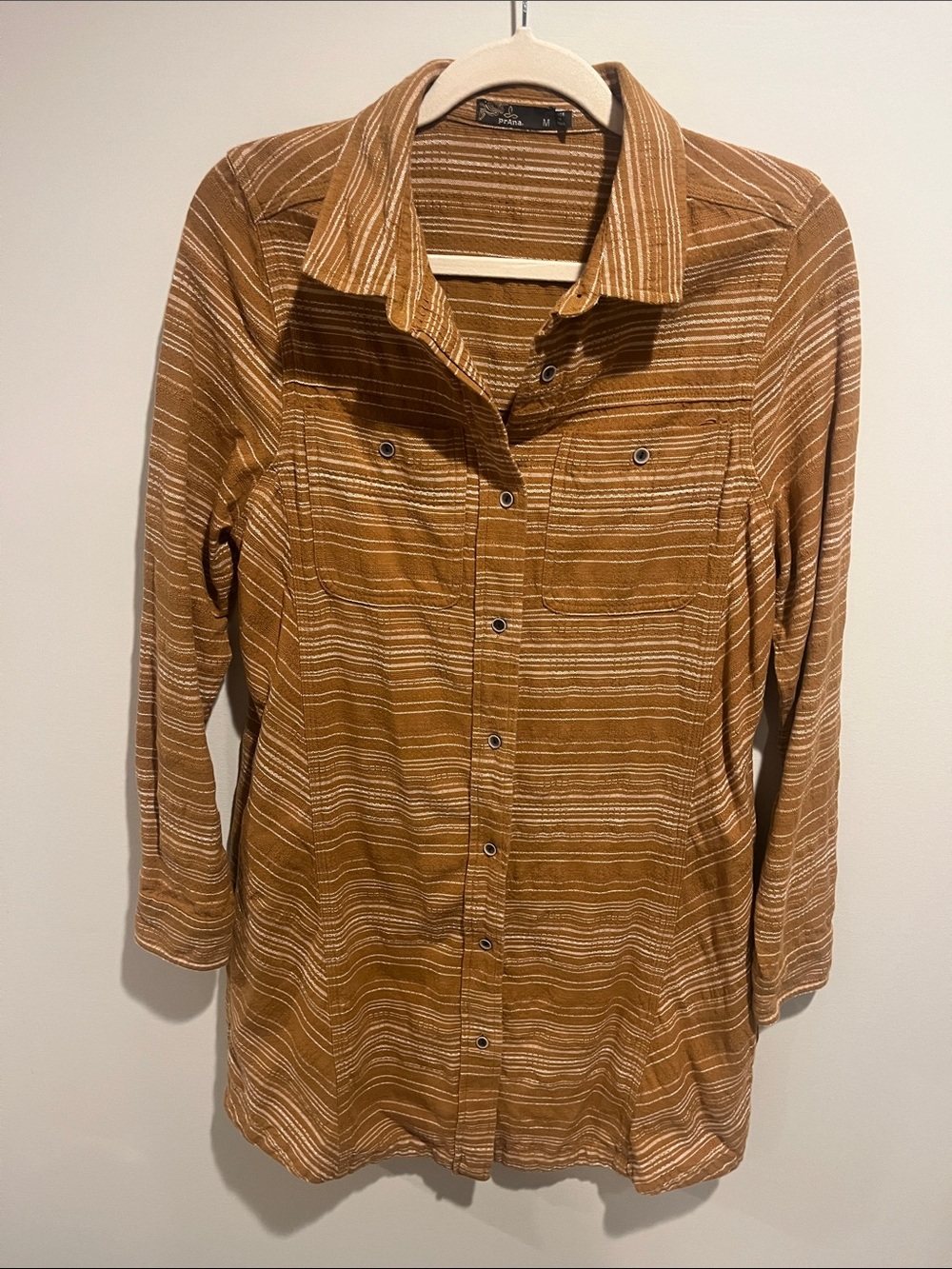 Prana Mustard Brown Striped Button-Front Mini Dress